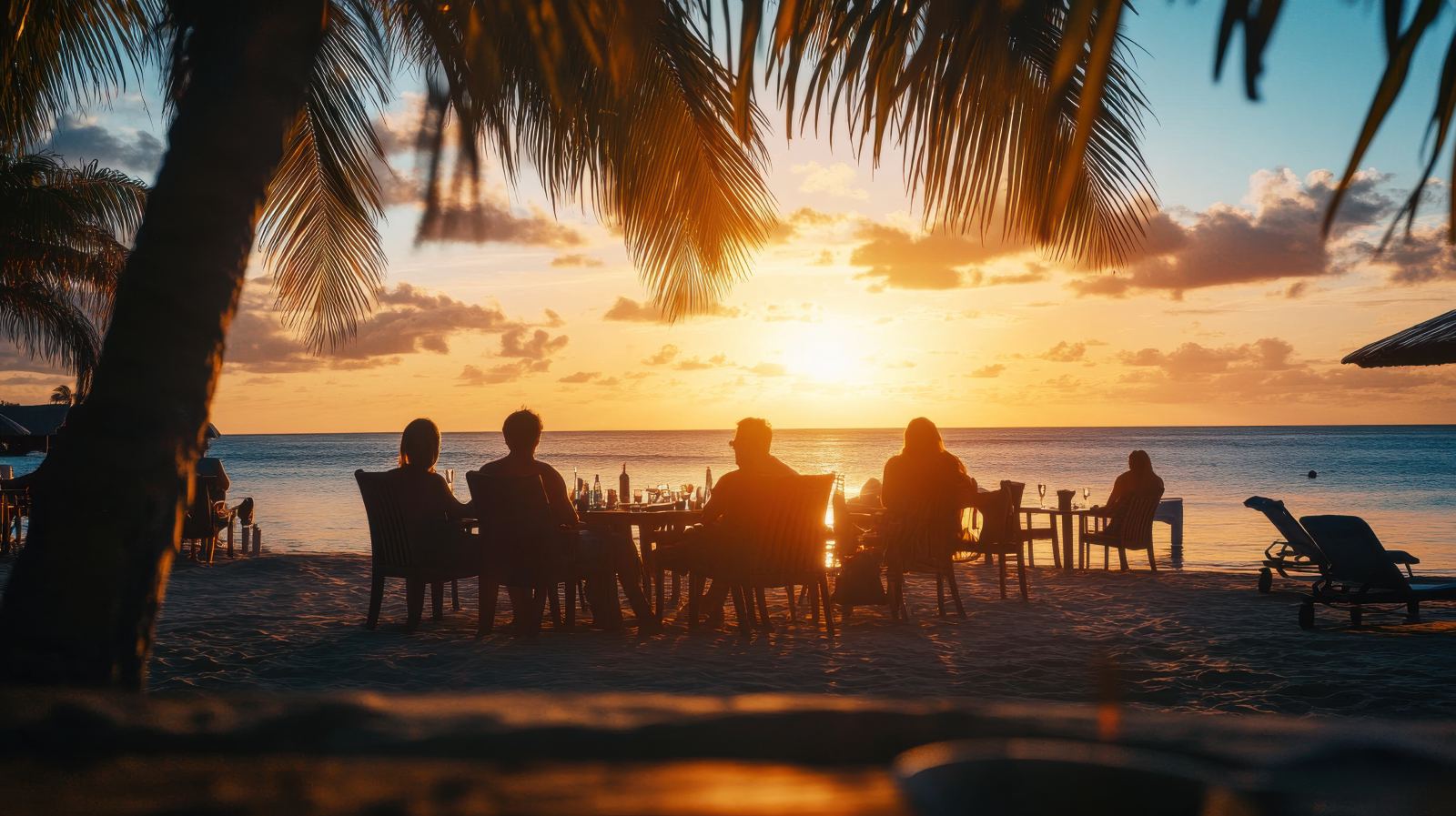 Huéspedes disfrutando atardecer en playa caribeña