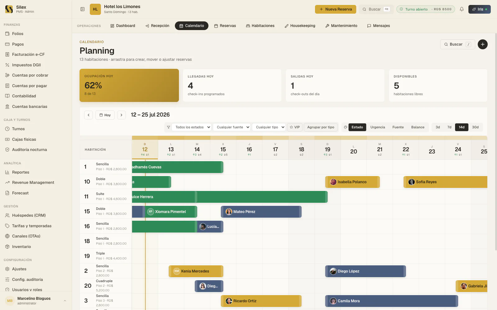 Módulo Calendario de Silex PMS — captura real del producto