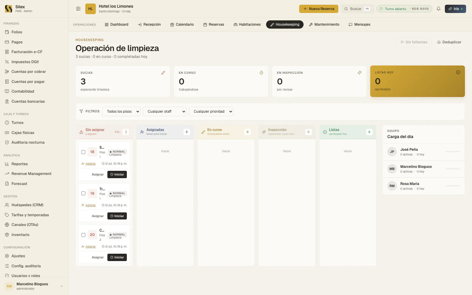 Módulo Housekeeping de Silex PMS — captura real del producto